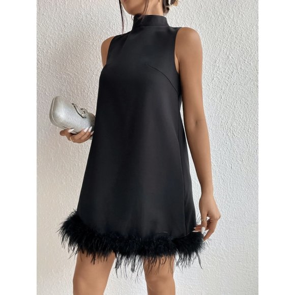 Chic Stand Neck Fuzzy Trim Dress Black - Picture 2 of 6